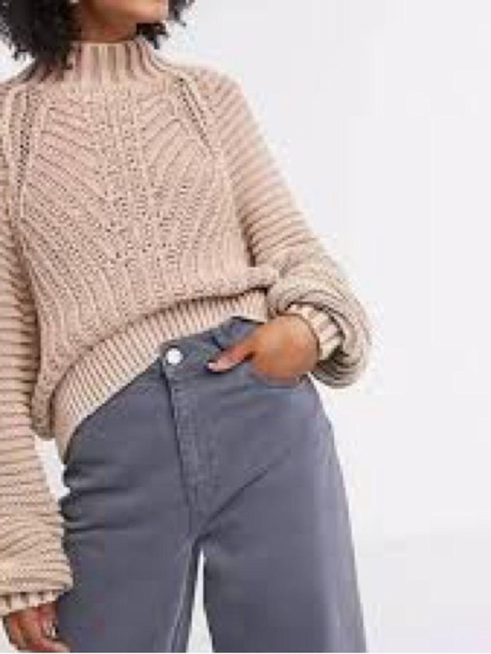 Free People Beige Cable-Knit Turtleneck Sweater